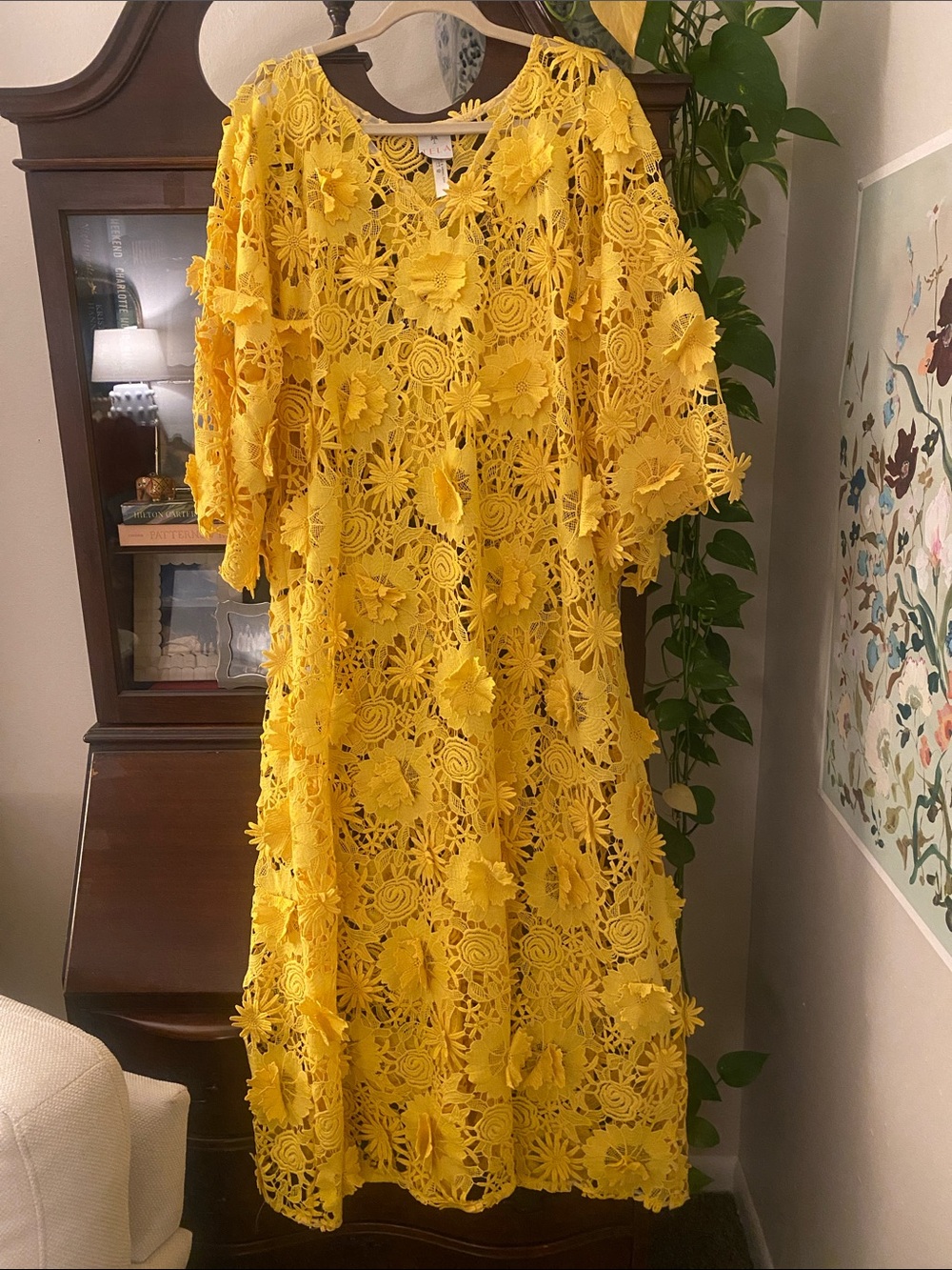 Tela Luxury Mercantile Yellow Floral Crochet Lace Maxi Dress